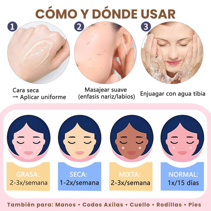 Elimina puntos negros y textura áspera: Suavidad inmediata y tono uniforme en solo 3 aplicaciones.☁️